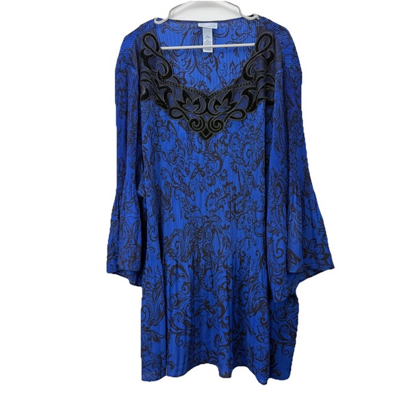 Catherines Blue Black Scroll Crinkle Pleated Crochet Georgette Blouse‎ Size 5X - Picture 2 of 10